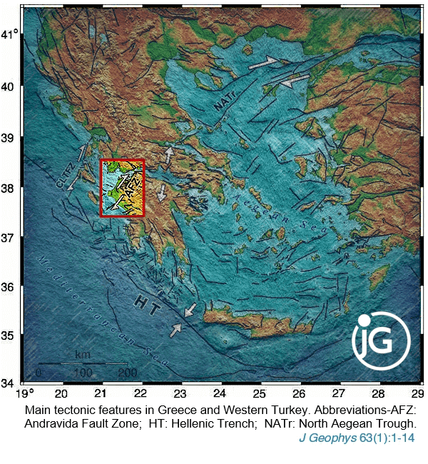 Main tectonic features in Greece and Western Turkey. Abbreviations-AFZ: Andravida Fault Zone; HT: Hellenic Trench;  NATr: North Aegean Trough. J Geophys 63(1):1-14